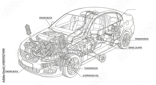 Detailed Car Engine and Chassis Diagram.