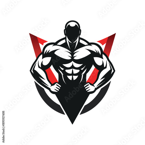 Muscular Bodybuilder Mascot Logo with Shield and Red Geometric Accents