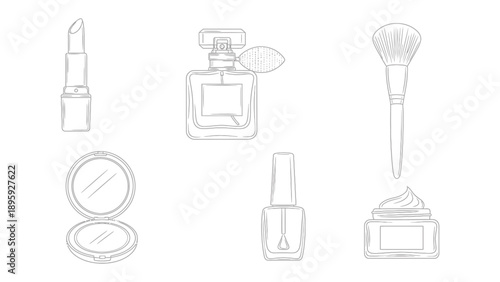 Beauty Essentials: A minimalist outline of various beauty products, showcasing a sleek lipstick, elegant perfume bottle, soft makeup brush, compact mirror, vibrant nail polish, and nourishing cream.