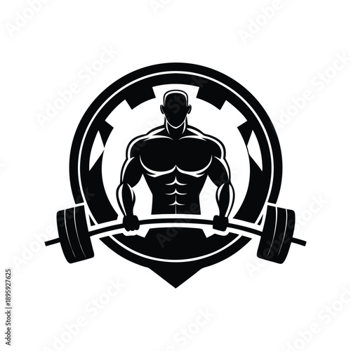 Muscular Bodybuilder Lifting Barbell in Gear Logo Symbol