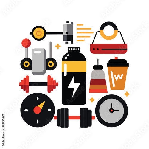 Modern Flat Vector Icon Set for Fitness, Gym Training, and Energy Supplements