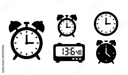 Alarm clock vector icon set with wake-up time symbols
