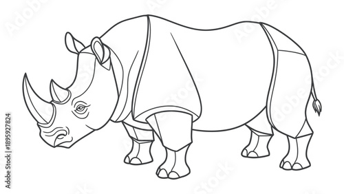 Monochrome Rhinoceros Illustration: A detailed black and white illustration of a rhinoceros, showcasing its robust form and iconic horn, is rendered in a minimalist style.