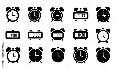 Flat black alarm clock icons for time and schedule design
