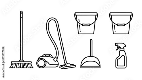 House Cleaning Tools Collection: A comprehensive set of cleaning tools, meticulously outlined for various domestic chores, embodying the essence of order and cleanliness.
