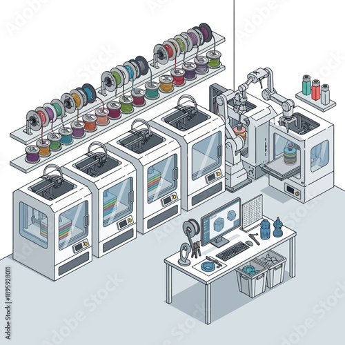 Isometric illustration of a 3D printing workshop with multiple machines and a workstation.