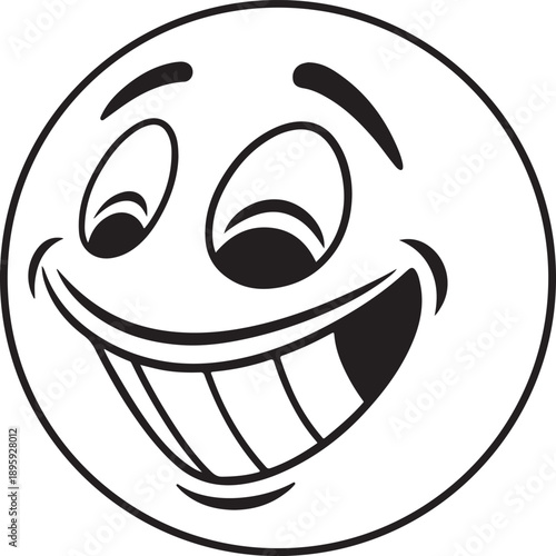 Happy Cartoon Emoji Face with Exaggerated Wide Grin in Black and White, Conveying Pure Joy, Laughter, and Positive Emotion.