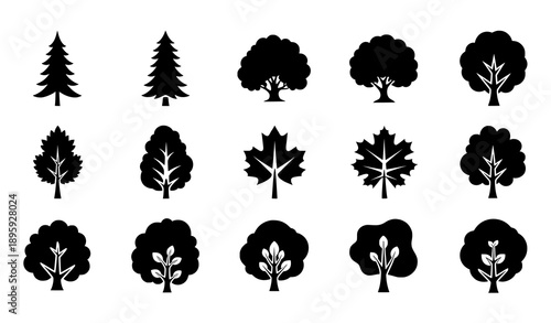 Flat tree vector icon set with nature and healthy lifestyle symbols