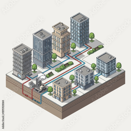 Isometric illustration of a city district with buildings and underground infrastructure.