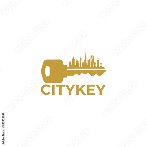 Golden city skyline and key silhouette logo for urban real estate or property management services with professional typography of CityKey