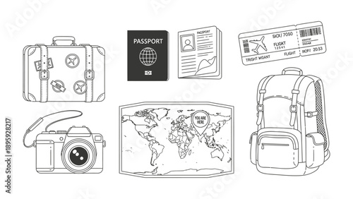 Travel Essentials: A curated collection of travel essentials, including a suitcase, passport, boarding pass, backpack, camera, and world map.