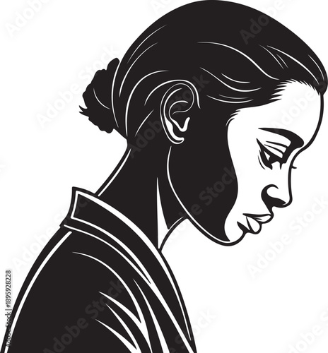 Profile Illustration of a Pensive Woman with Bun Hairstyle Looking Downwards, Rendered in Bold Black and White, Evoking Contemplation and Introspection.