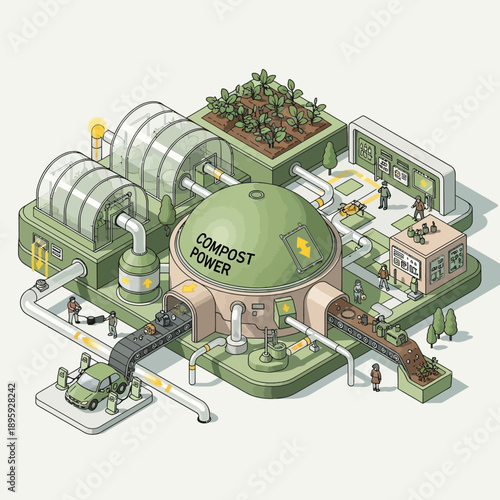 Isometric illustration of a compost power plant generating renewable energy.