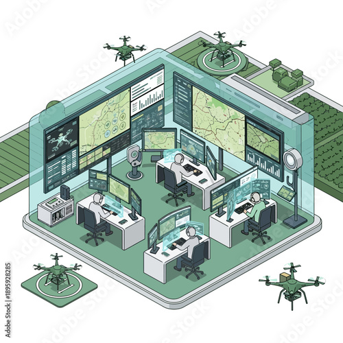 Isometric illustration of a drone control room with multiple operators monitoring screens.