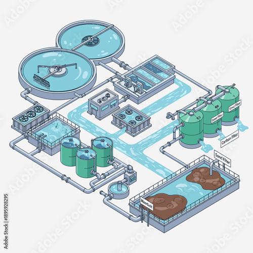 Isometric illustration of a comprehensive wastewater treatment plant system.