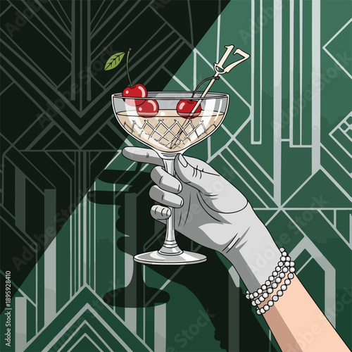 Illustration of a gloved hand holding a cocktail with cherries and a pick against a green and silver geometric patterned background for a sweet seventeen birthday party
