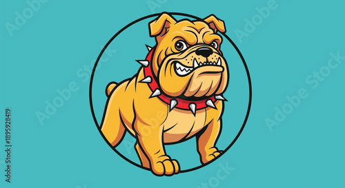 Bulldog mascot illustration fierce cartoon dog inside circle isolated on blue background strong guard animal logo design