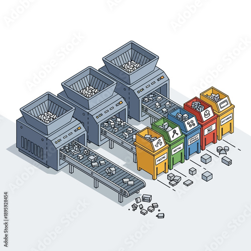 Isometric illustration of a modern recycling plant sorting waste into different bins.