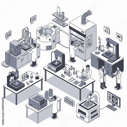 Isometric illustration of a modern scientific research laboratory with scientists and advanced equipment.