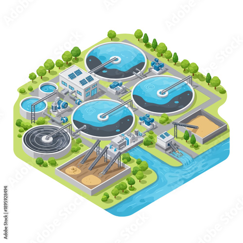 Isometric illustration of a modern wastewater treatment plant with various facilities.