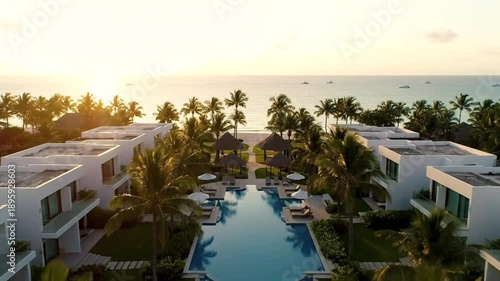 Luxurious beachfront resort aerial view with pool palm trees ocean sunset tranquility