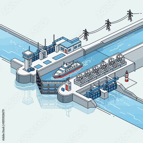 Isometric illustration of a ship passing through a river lock system with a hydroelectric power plant.