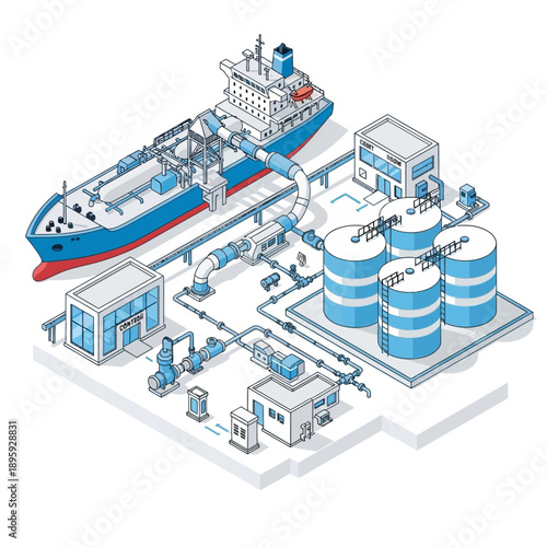 Isometric illustration of a tanker ship unloading oil at a refinery with storage tanks and buildings.