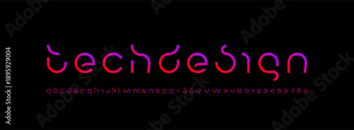 Technology font, digital cyber alphabet, letters A, B, C, D, E, F, G, H, I, J, K, L, M, N, O, P, Q, R, S, T, U, V, W, X, Y, Z and numerals 0, 1, 2, 3, 4, 5, 6, 7, 8, 9, vector illustration 10EPS.