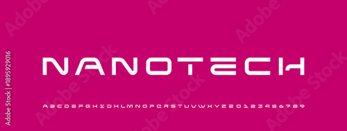 Technical font, digital wide cyber alphabet, bold letters from A to Z and numbers from 0 to 9 for you logo designs, vector illustration 10EPS