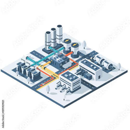 Isometric Industrial Complex with Factories and Infrastructure.