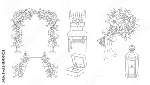 Wedding Ceremony Elements: A collection of meticulously crafted line art elements symbolizing the key components of a wedding, evoking elegance and romance.