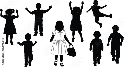 Children silhouette set kids playing jumping walking isolated on white background childhood activity illustration collection happy fun motion people design