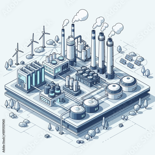 Isometric Industrial Complex with Factories and Wind Turbines.