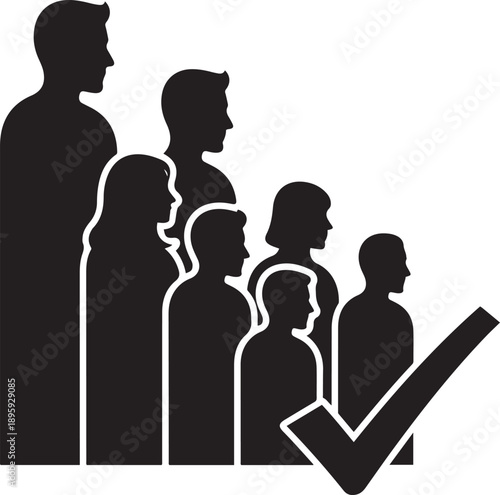 Black silhouettes of people in descending order with a large checkmark group success