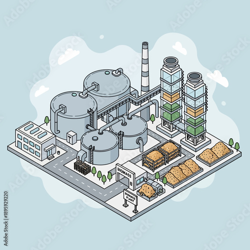 Isometric Industrial Plant with Storage Tanks and Processing Units.