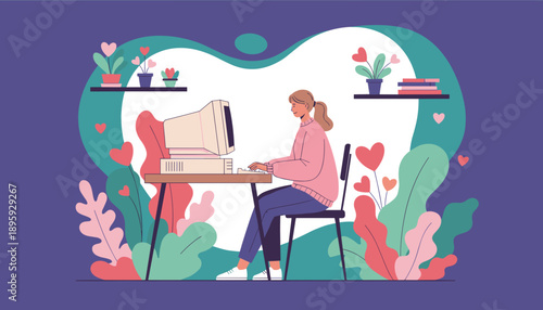 Cozy remote work Woman typing on a retro computer surrounded by lush heartthemed illustration