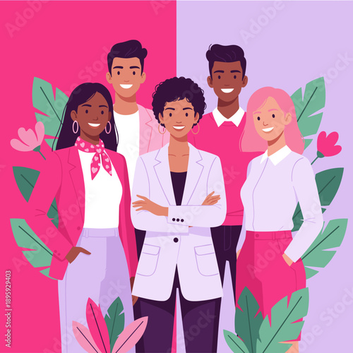 Happy diverse business team illustration representing inclusion confidence and modern professionalism