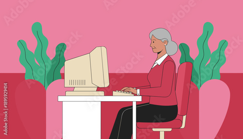 Experienced woman typing on a retro desktop PC in a modern colorful business setting