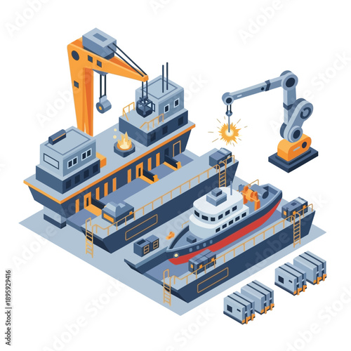Isometric Shipyard with Dry Dock and Industrial Cranes.