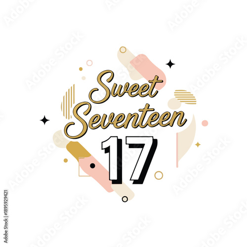 Graphic design for a sweet seventeen 17th birthday party with a pastel color scheme and makeup elements on a white background.