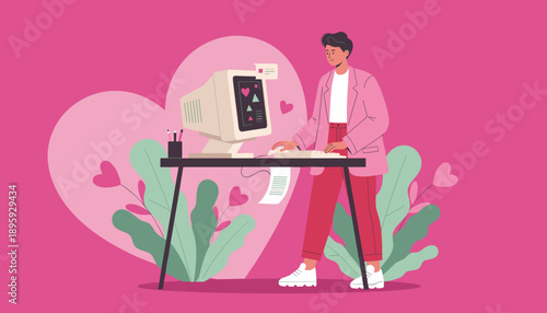 Stylish man using retro computer for online dating or creative work against a vibrant pink heart background