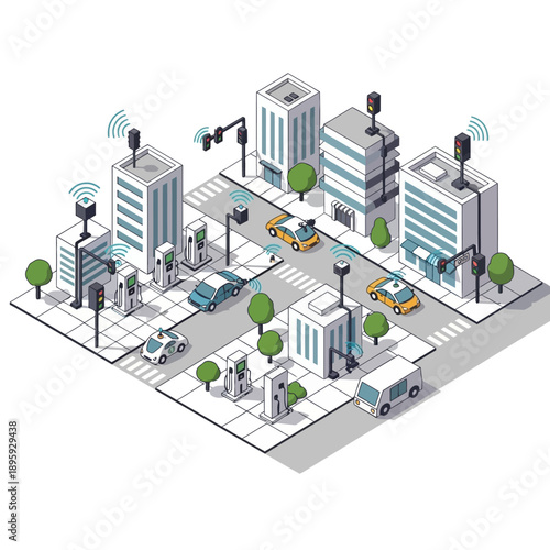 Isometric Smart City with Electric Vehicles and Charging Stations.