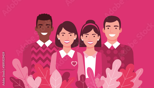 Diverse group portrait illustration celebrating friendship community and support in bright pink tones