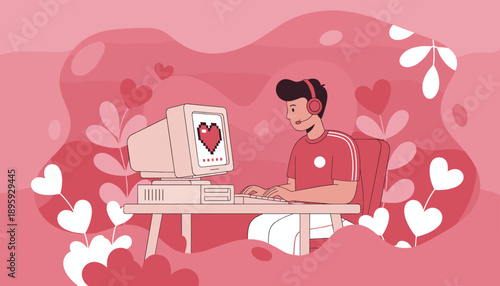 Gamer chatting online showing a pixelated heart on a retro computer in a pink loving aesthetic