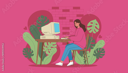 Woman working remotely on a vintage desktop computer in a colorful nostalgic home office