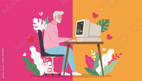 Senior man using a retro desktop computer surrounded by modern tropical leaves and hearts