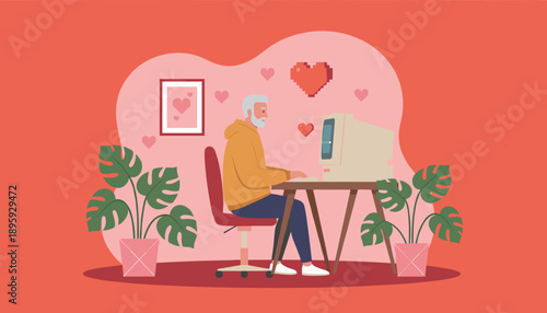 Senior man finds love online using a vintage computer Digital dating concept