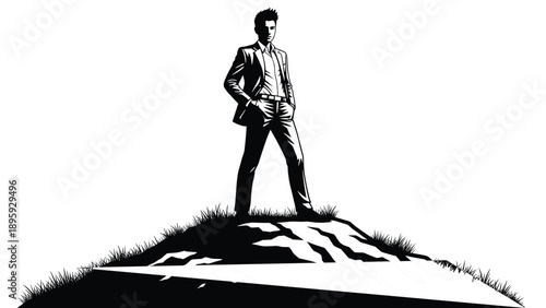 onfident businessman in a suit standing on top of a grassy hill peak looking forward isolated on a white background