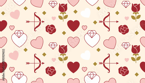 Cute Valentines pattern with hearts roses diamonds and Cupids bows for romance design