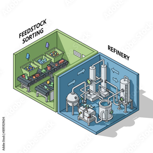 Isometric view of a feedstock sorting and refinery plant for recycling.